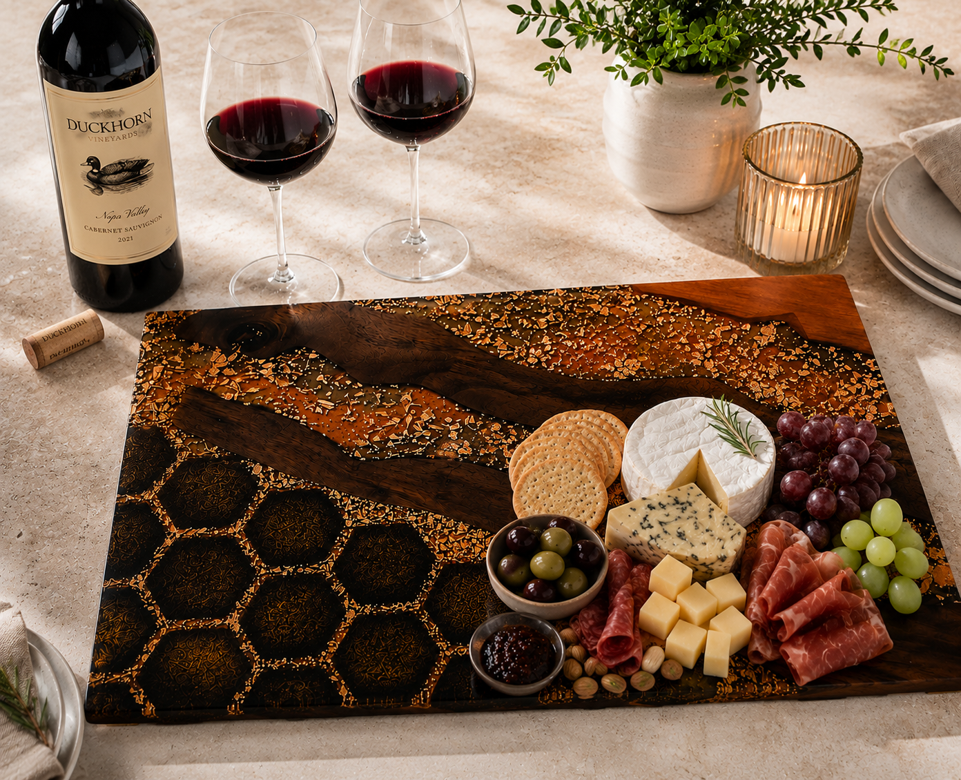 Luxury Walnut & Cherry Resin Charcuterie Board – Copper Honeycomb Collection