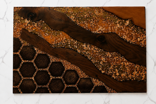 Wooden surface with honeycomb pattern and gold accents on a white background