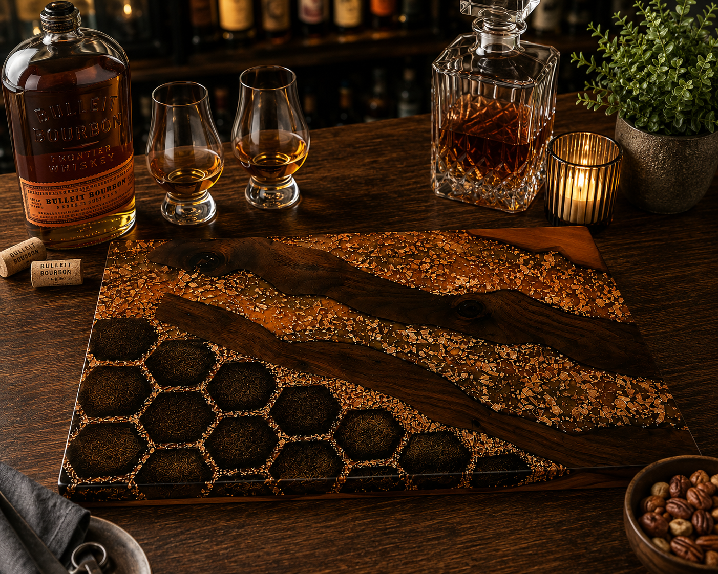 Luxury Walnut & Cherry Resin Charcuterie Board – Copper Honeycomb Collection